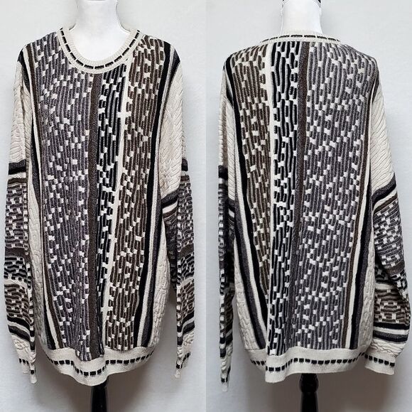 VINTAGE 1980s SW Casuals Barcode Corded Cream Brown Crewneck Knit Sweater 3XLT - Picture 1 of 11